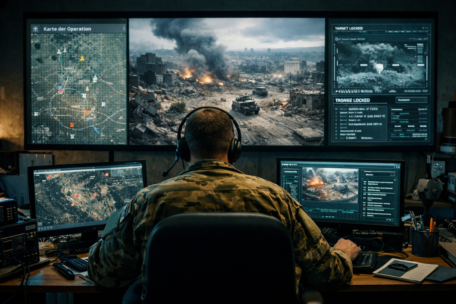 Militärische Kommandozentrale mit Überwachungsbildschirmen