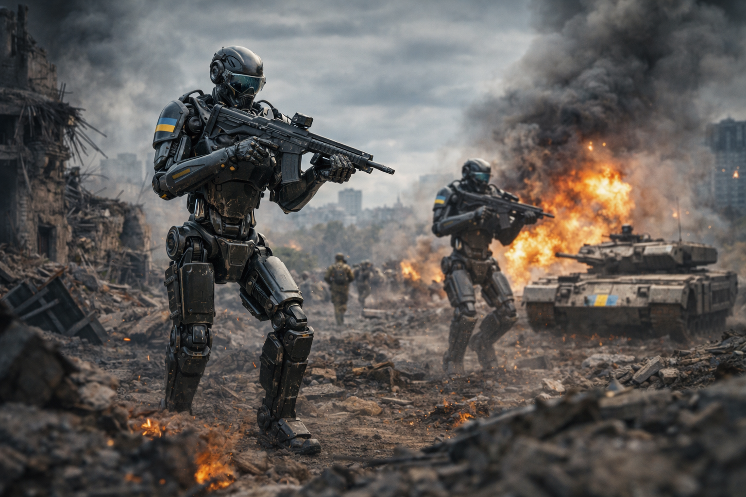 Roboter und Panzer in einer Kriegslandschaft