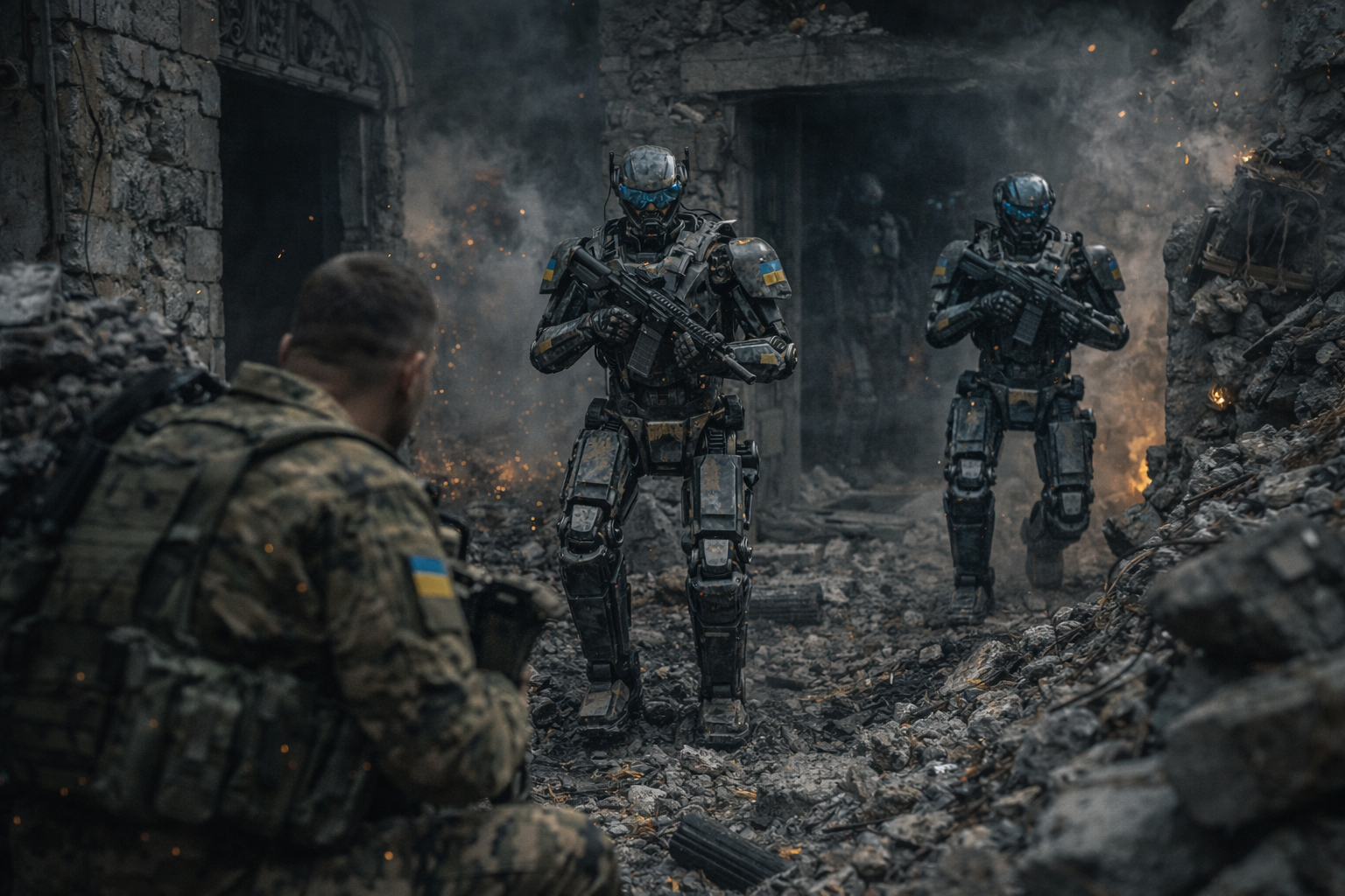 Soldaten und Cyborgs in einer Kriegsruine