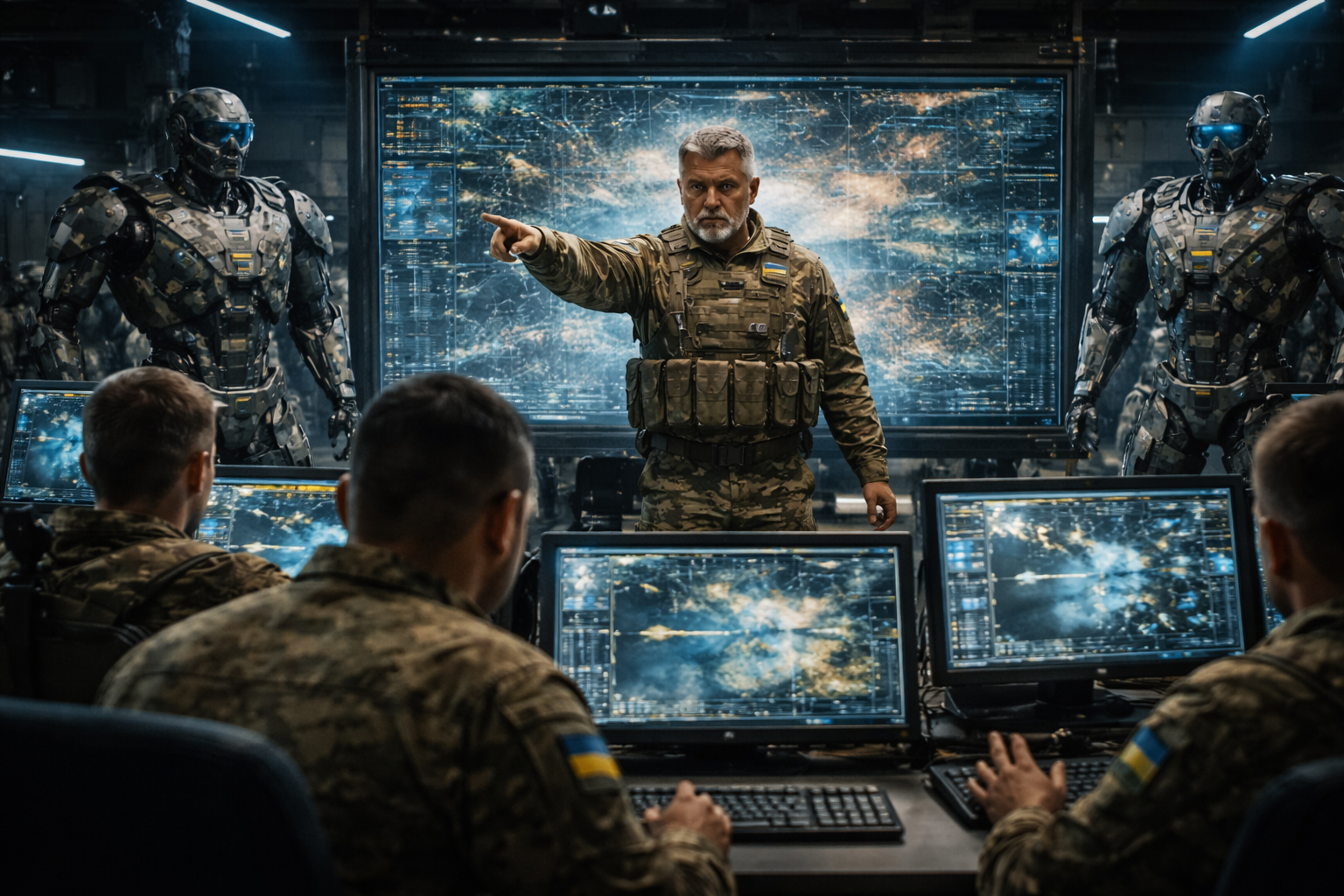 Militärischer Kontrollraum mit Soldaten und Robotern.